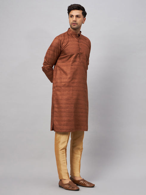 Vastramay Men's Coffee Kurta And Rose Gold Pant Set