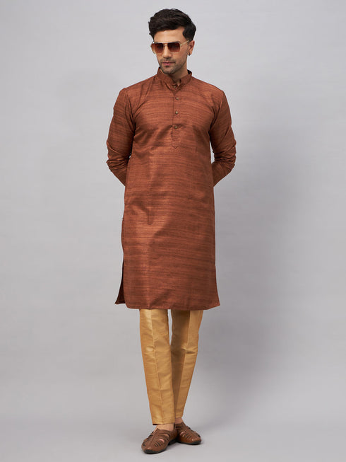 Vastramay Men's Coffee Kurta And Rose Gold Pant Set