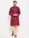 Vastramay Men's maroon Matka Silk Kurta and Gold Pant Style Pyjama Set