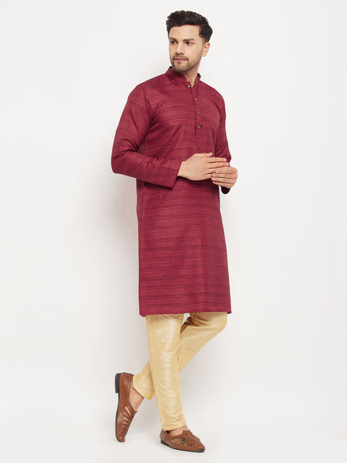 Vastramay Men's maroon Matka Silk Kurta and Gold Pant Style Pyjama Set