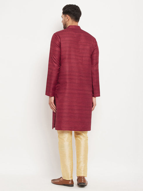 Vastramay Men's maroon Matka Silk Kurta and Gold Pant Style Pyjama Set
