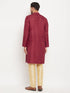 Vastramay Men's maroon Matka Silk Kurta and Gold Pant Style Pyjama Set