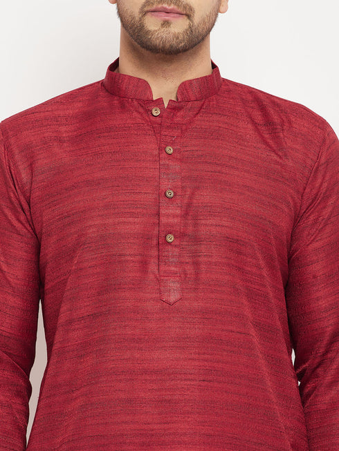 Vastramay Men's maroon Matka Silk Kurta and Gold Pant Style Pyjama Set