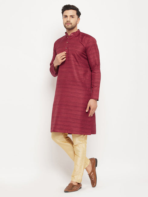 Vastramay Men's maroon Matka Silk Kurta and Gold Pant Style Pyjama Set