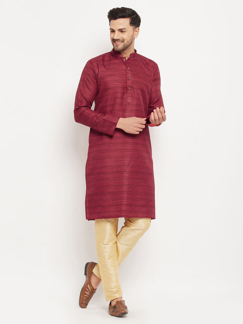 Vastramay Men's maroon Matka Silk Kurta and Gold Pant Style Pyjama Set