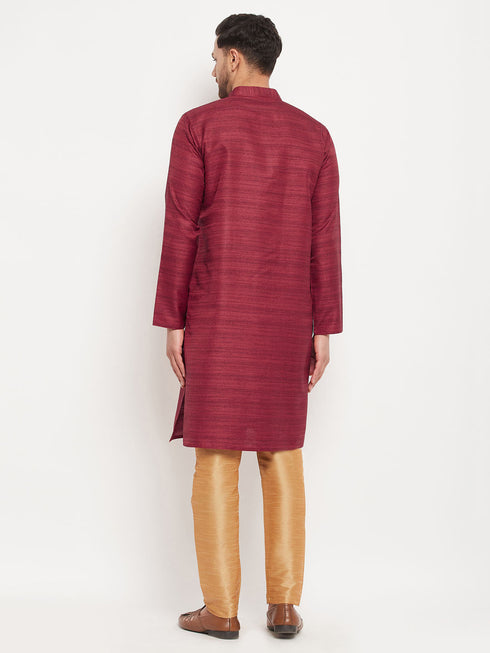 Vastramay Men's Maroon Matka Silk Kurta and Rose Gold Pant Style Pyjama Set
