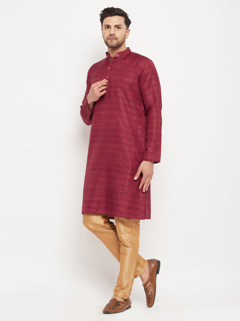 Vastramay Men's Maroon Matka Silk Kurta and Rose Gold Pant Style Pyjama Set