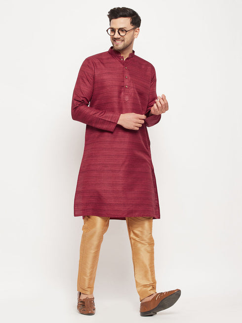 Vastramay Men's Maroon Matka Silk Kurta and Rose Gold Pant Style Pyjama Set