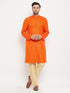 Vastramay Men's Orange Matka Silk Kurta and Gold Pant Style Pyjama Set