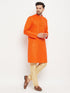 Vastramay Men's Orange Matka Silk Kurta and Gold Pant Style Pyjama Set