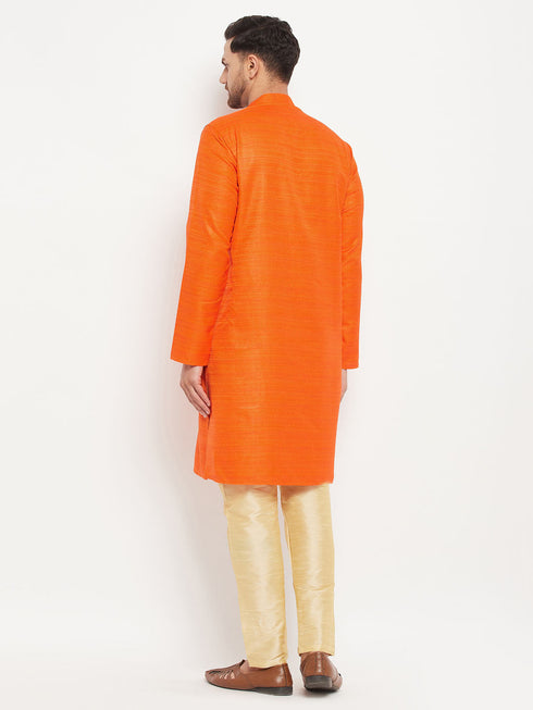 Vastramay Men's Orange Matka Silk Kurta and Gold Pant Style Pyjama Set