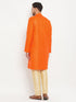 Vastramay Men's Orange Matka Silk Kurta and Gold Pant Style Pyjama Set