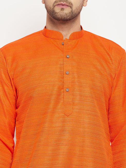 Vastramay Men's Orange Matka Silk Kurta and Gold Pant Style Pyjama Set