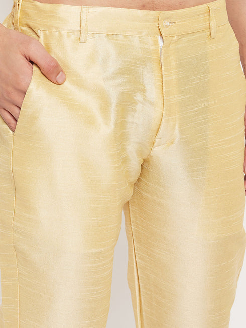 Vastramay Men's Orange Matka Silk Kurta and Gold Pant Style Pyjama Set