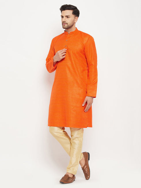 Vastramay Men's Orange Matka Silk Kurta and Gold Pant Style Pyjama Set