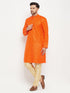 Vastramay Men's Orange Matka Silk Kurta and Gold Pant Style Pyjama Set