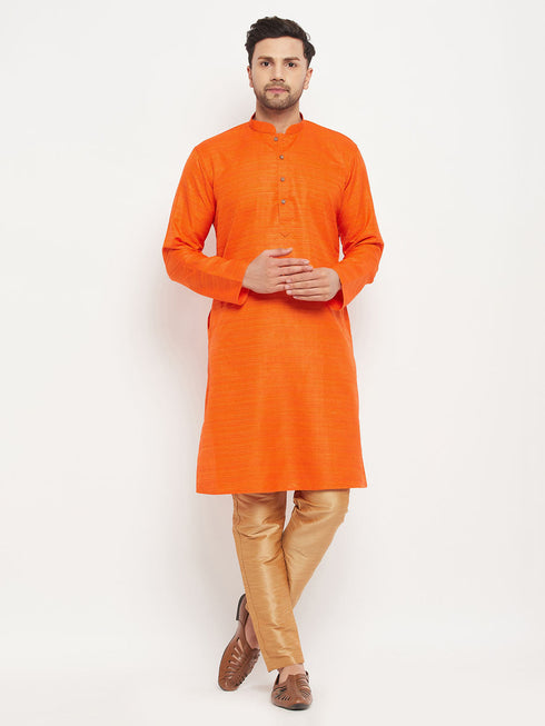 Vastramay Men's Orange Matka Silk Kurta and Rose Gold Pant Style Pyjama Set