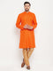 Vastramay Men's Orange Matka Silk Kurta and Rose Gold Pant Style Pyjama Set