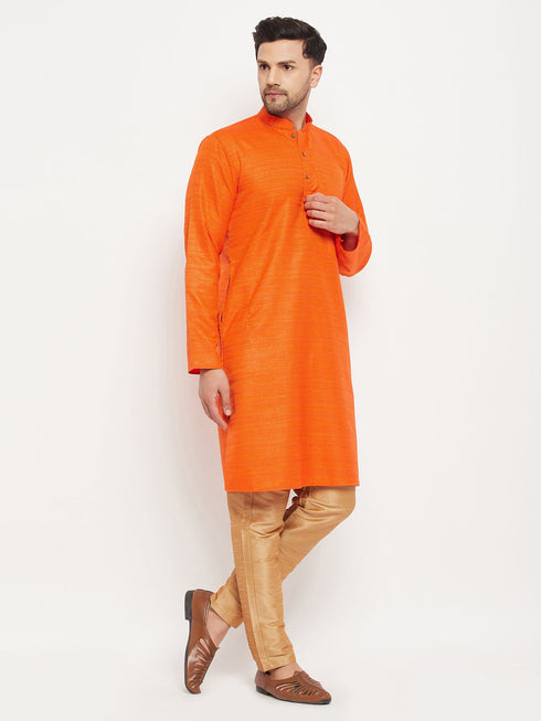 Vastramay Men's Orange Matka Silk Kurta and Rose Gold Pant Style Pyjama Set