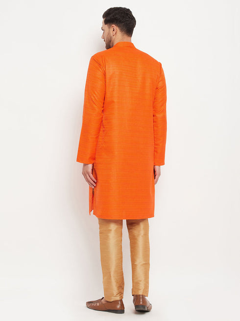 Vastramay Men's Orange Matka Silk Kurta and Rose Gold Pant Style Pyjama Set