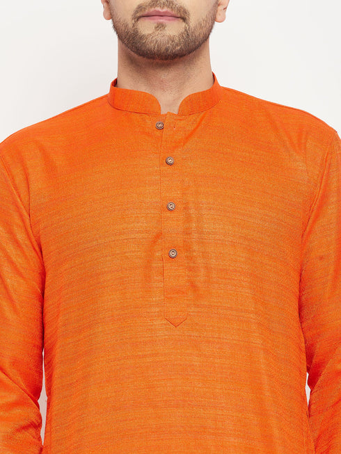 Vastramay Men's Orange Matka Silk Kurta and Rose Gold Pant Style Pyjama Set