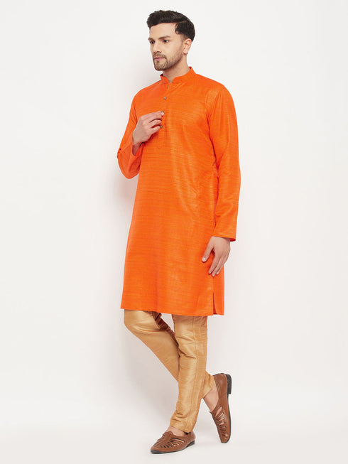 Vastramay Men's Orange Matka Silk Kurta and Rose Gold Pant Style Pyjama Set