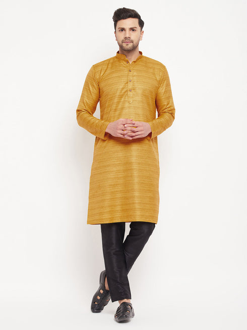 Vastramay Men's yellow Matka Silk Kurta and Black Pant Style Pyjama Set