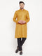 Vastramay Men's yellow Matka Silk Kurta and Black Pant Style Pyjama Set