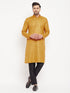 Vastramay Men's yellow Matka Silk Kurta and Black Pant Style Pyjama Set
