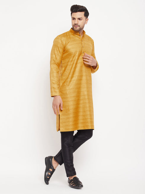 Vastramay Men's yellow Matka Silk Kurta and Black Pant Style Pyjama Set