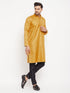 Vastramay Men's yellow Matka Silk Kurta and Black Pant Style Pyjama Set