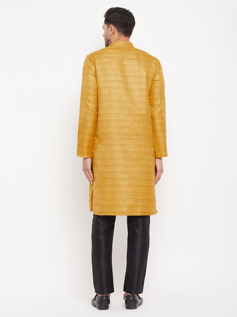 Vastramay Men's yellow Matka Silk Kurta and Black Pant Style Pyjama Set
