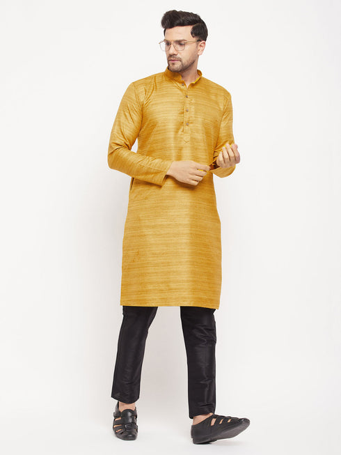 Vastramay Men's yellow Matka Silk Kurta and Black Pant Style Pyjama Set