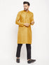 Vastramay Men's yellow Matka Silk Kurta and Black Pant Style Pyjama Set