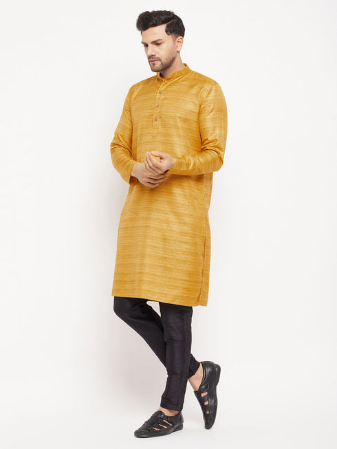 Vastramay Men's yellow Matka Silk Kurta and Black Pant Style Pyjama Set