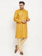 Vastramay Men's yellow Matka Silk Kurta and Gold Pant Style Pyjama Set