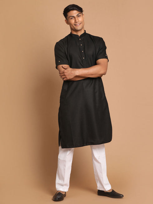 Vastramay Men's Black Solid Kurta with White Pant style Cotton Pyjama Set