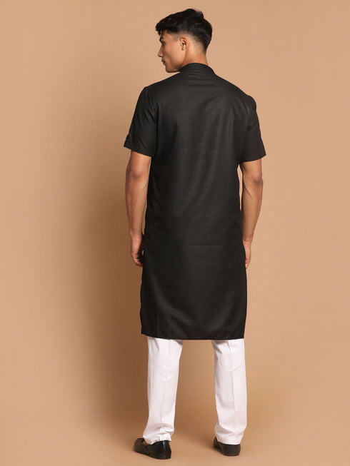 Vastramay Men's Black Solid Kurta with White Pant style Cotton Pyjama Set