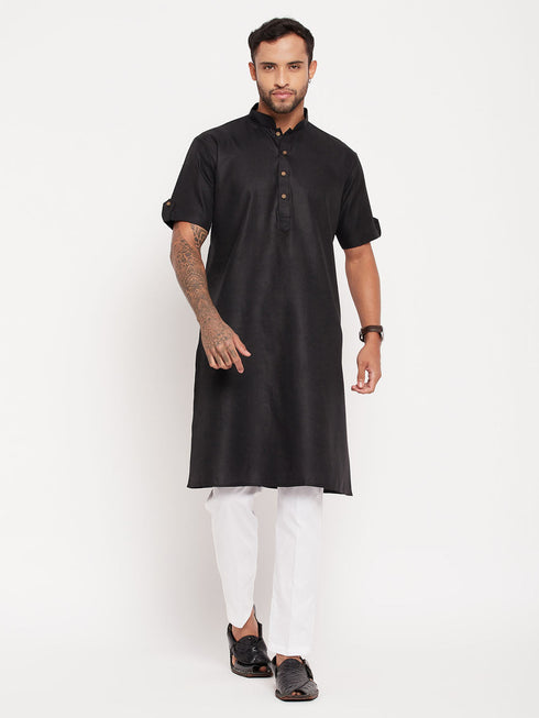 Vastramay Men's Black Solid Kurta with White Pant Style Pyjama Set