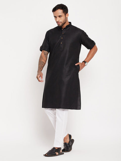 Vastramay Men's Black Solid Kurta with White Pant Style Pyjama Set