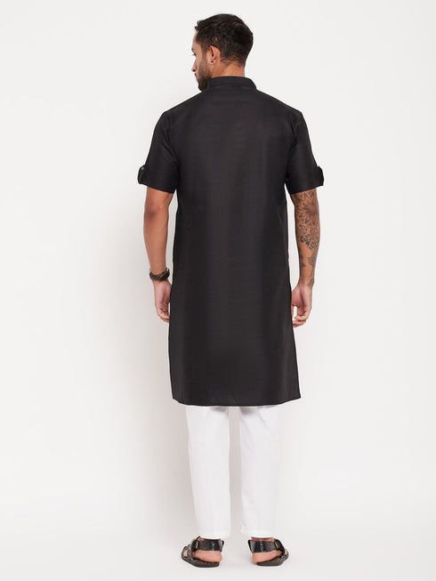 Vastramay Men's Black Solid Kurta with White Pant Style Pyjama Set