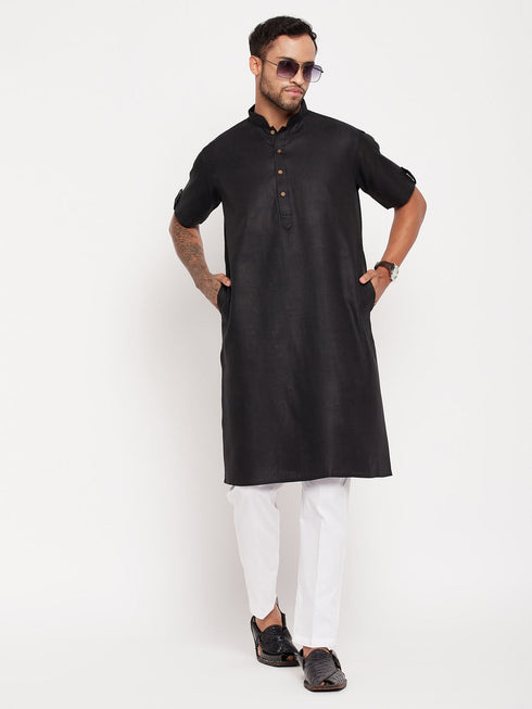 Vastramay Men's Black Solid Kurta with White Pant Style Pyjama Set