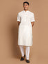 Vastramay Men's Cream Solid Kurta with White Pant style Cotton Pyjama Set