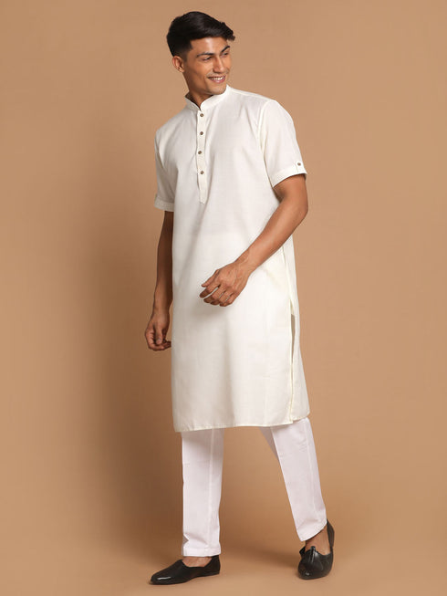 Vastramay Men's Cream Solid Kurta with White Pant style Cotton Pyjama Set