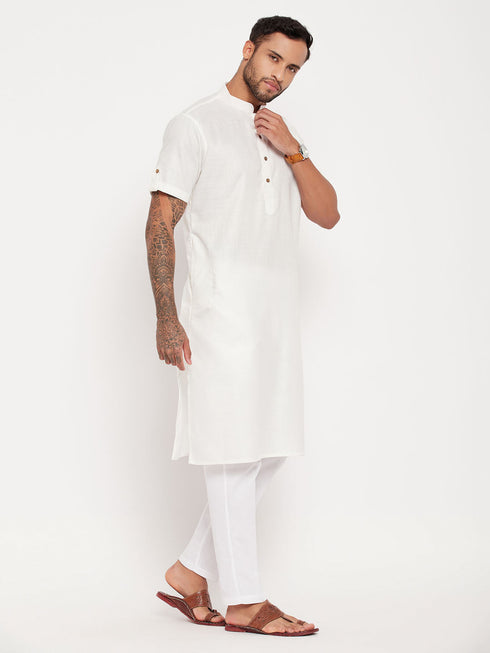 Vastramay Men's Cream Solid Kurta with White Pant Style Pyjama Set