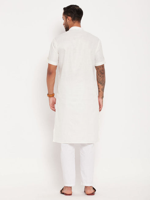 Vastramay Men's Cream Solid Kurta with White Pant Style Pyjama Set