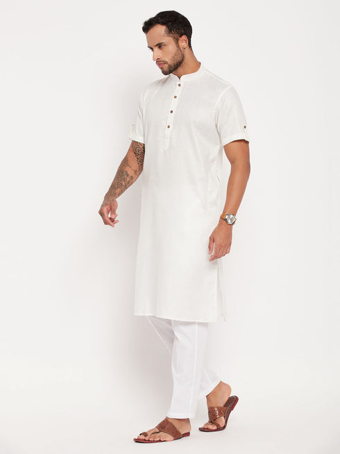 Vastramay Men's Cream Solid Kurta with White Pant Style Pyjama Set