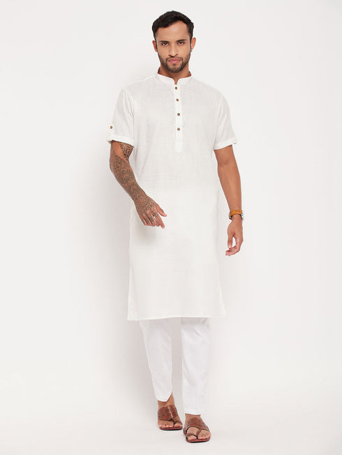 Vastramay Men's Cream Solid Kurta with White Pant Style Pyjama Set