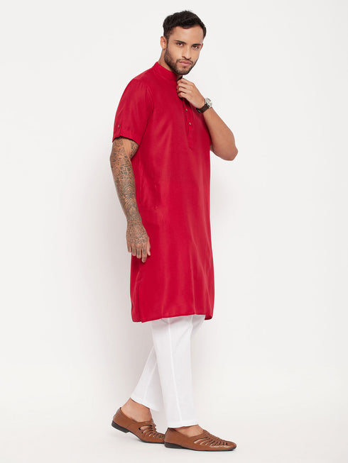Vastramay Men's Maroon Solid Kurta with White Pant style Cotton Pyjama Set