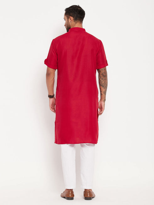Vastramay Men's Maroon Solid Kurta with White Pant Style Pyjama Set
